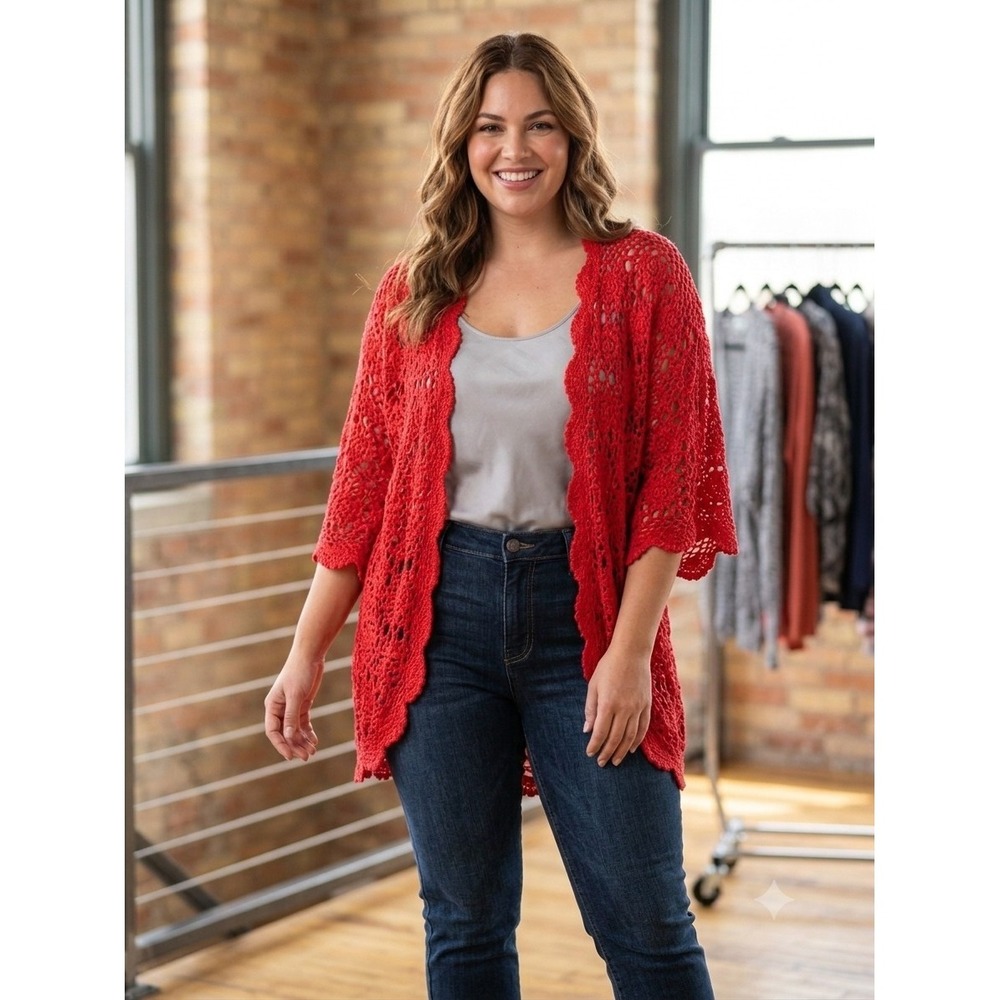 NEW Jessica London Womens Crochet Cardigan Sz 26/28 2X? Red Open Weave Boho